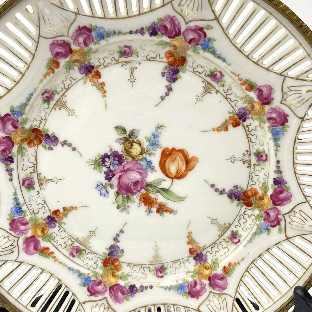 Vintage 1940s‎ Schumann Bavaria Bronze Mounted Porcelain Reticulated Floral Dish